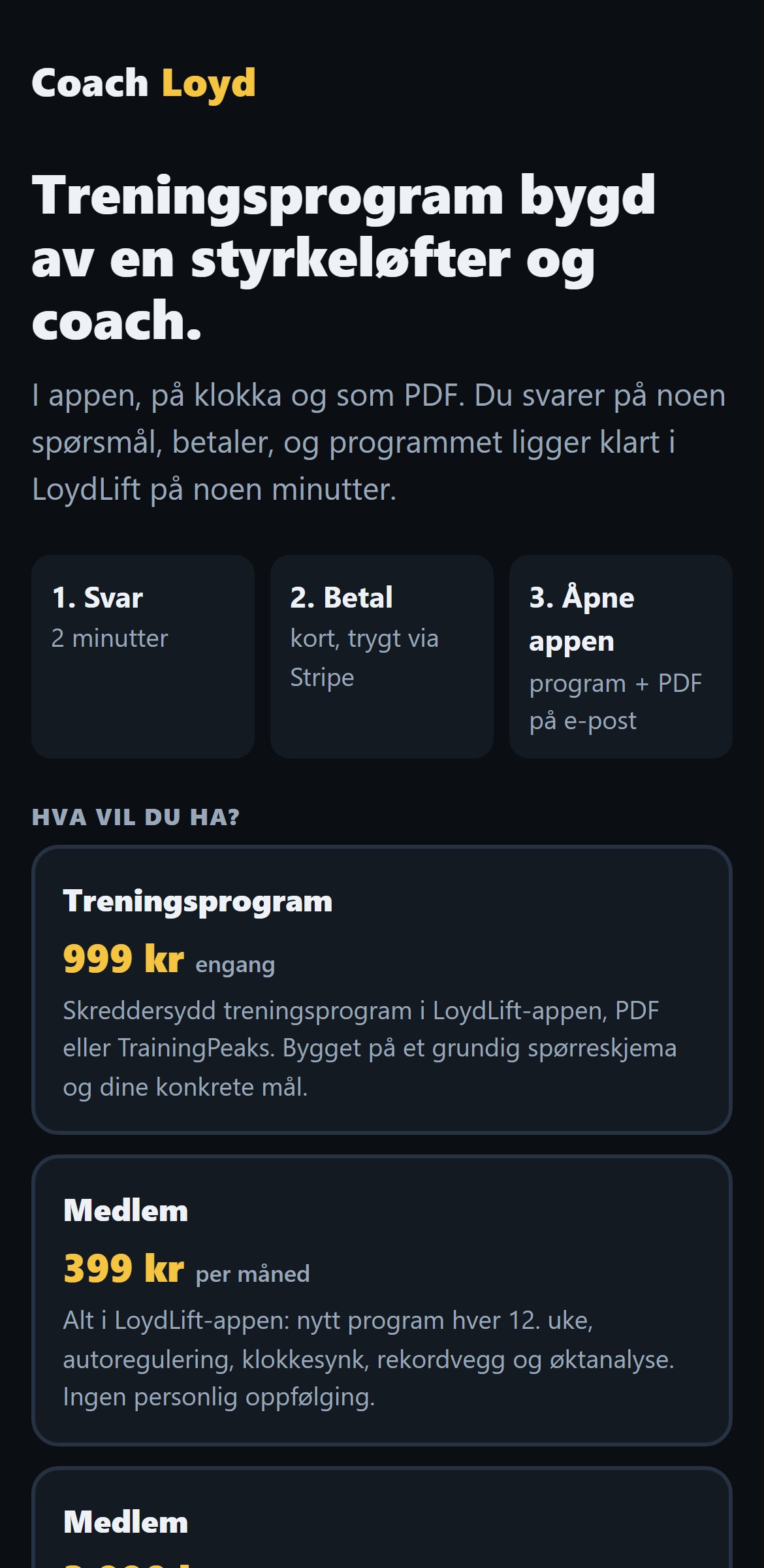 Forsiden på bestill.go.coachloyd.no med alle produktene