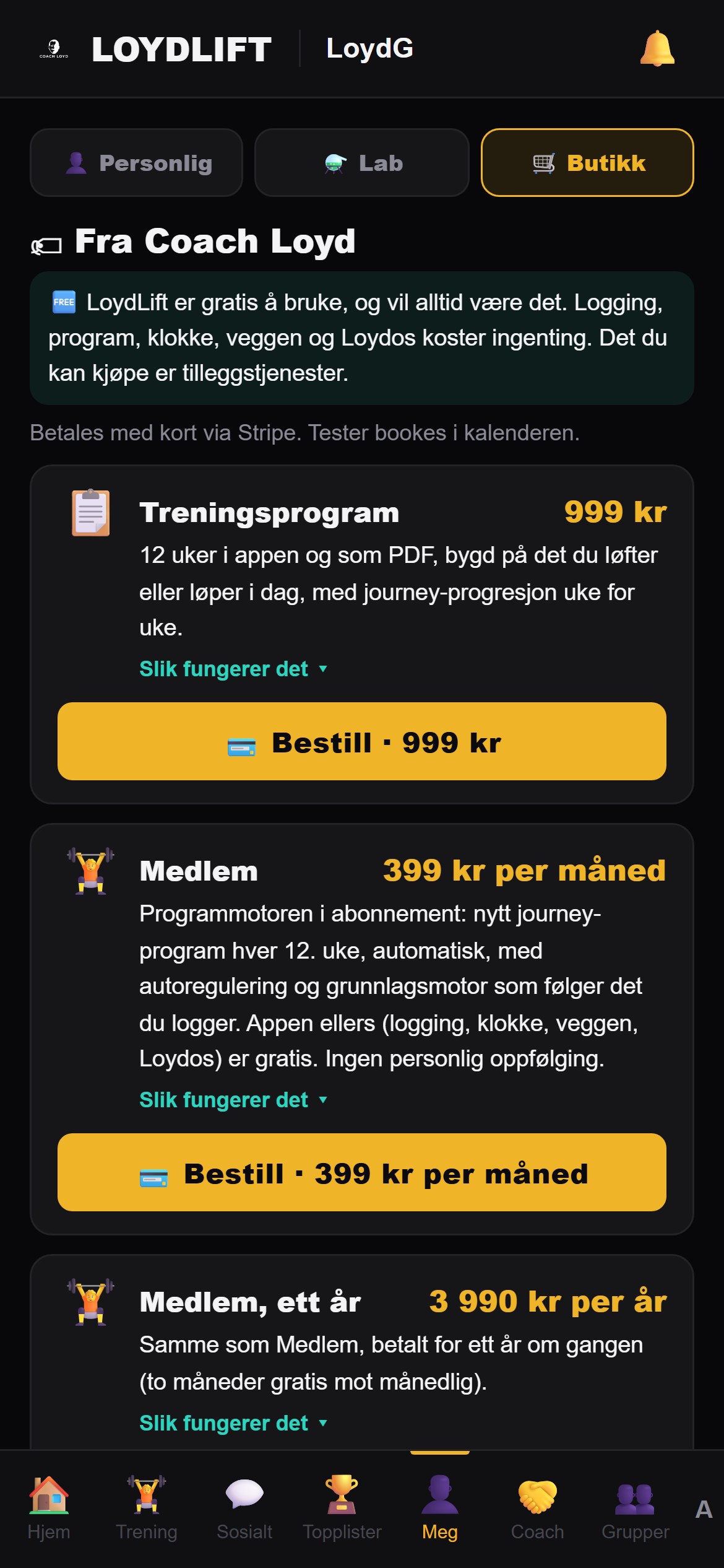 Butikk-fanen i LoydLift viser de samme prisene som bestillingssiden