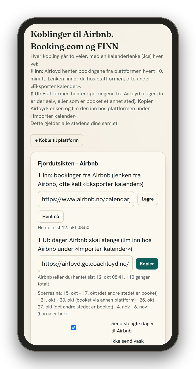 Koblinger til Airbnb, FINN og Booking.com, med lenke inn og sperrelenke ut