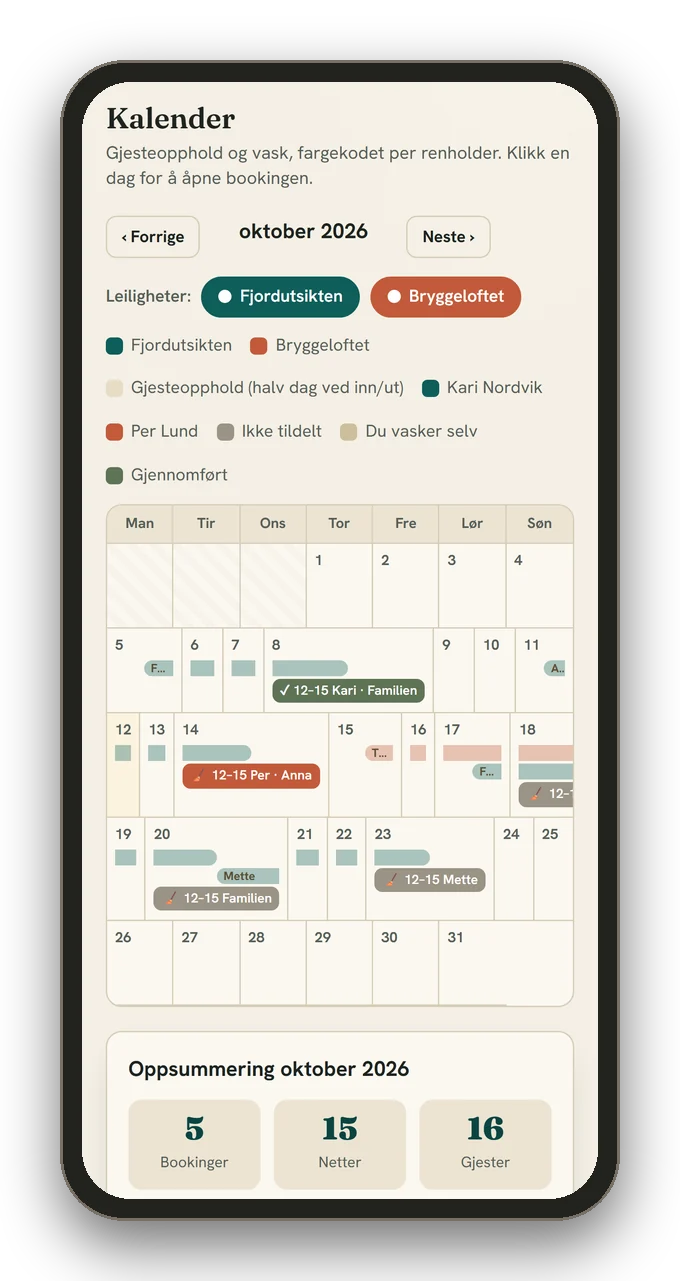 Månedskalender med opphold og vasker, fargekodet per renholder