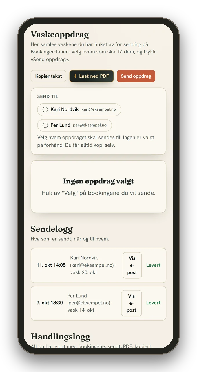 Send vaskeoppdrag til valgt renholder, med sendelogg