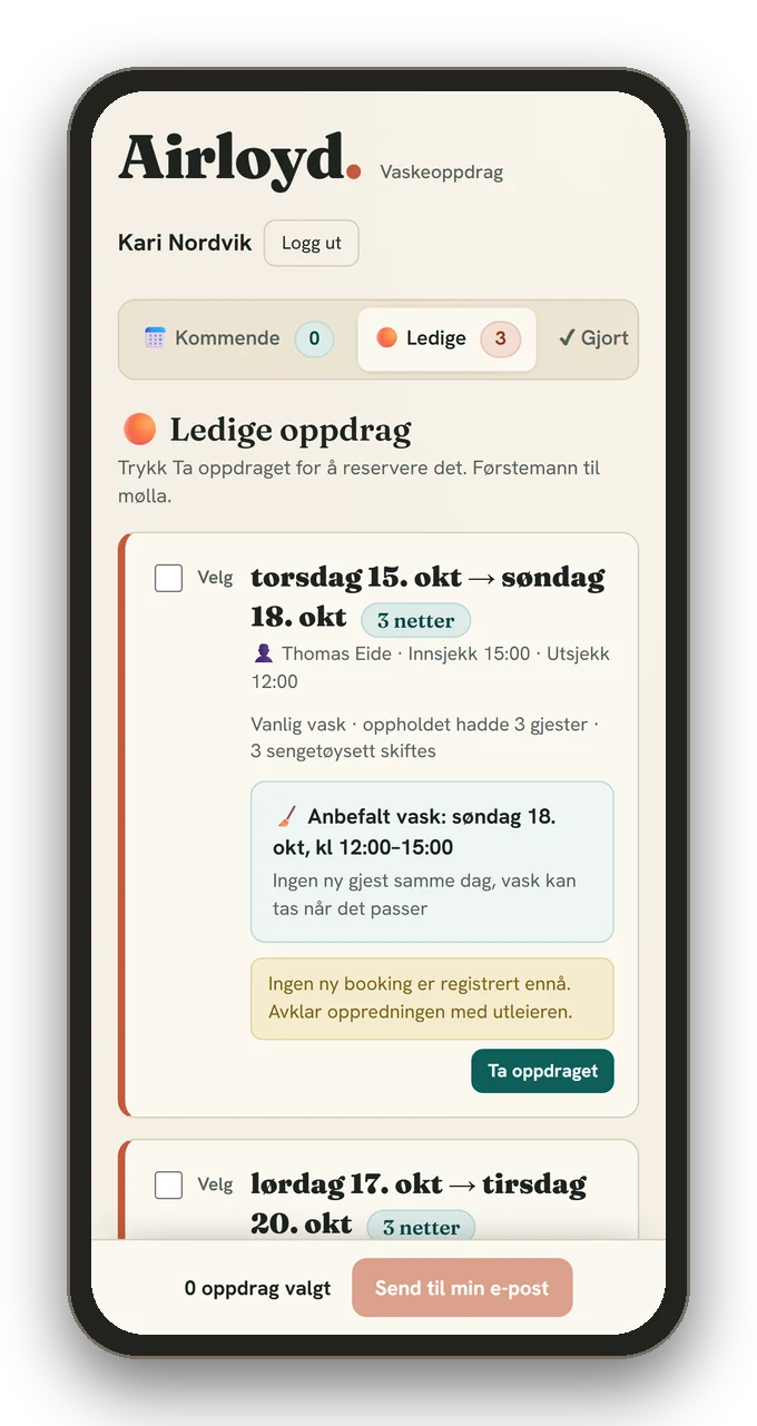 Renholderens egen app: ledige oppdrag med anbefalt vasketid