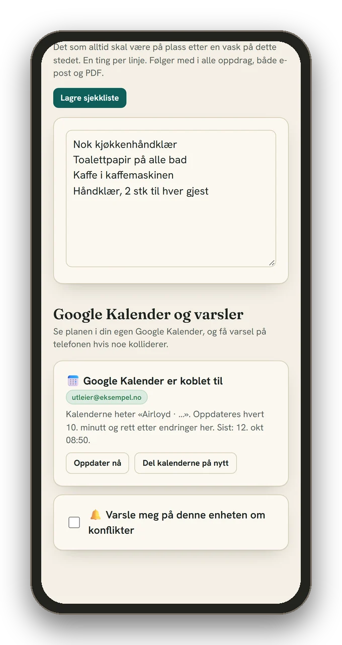 Sjekkliste for vasken og kobling til Google Kalender