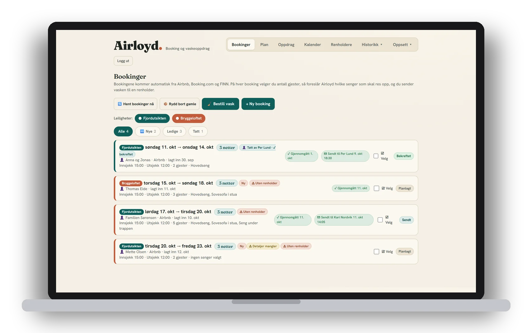 Bookingene fra alle plattformene, med status for vask og renholder