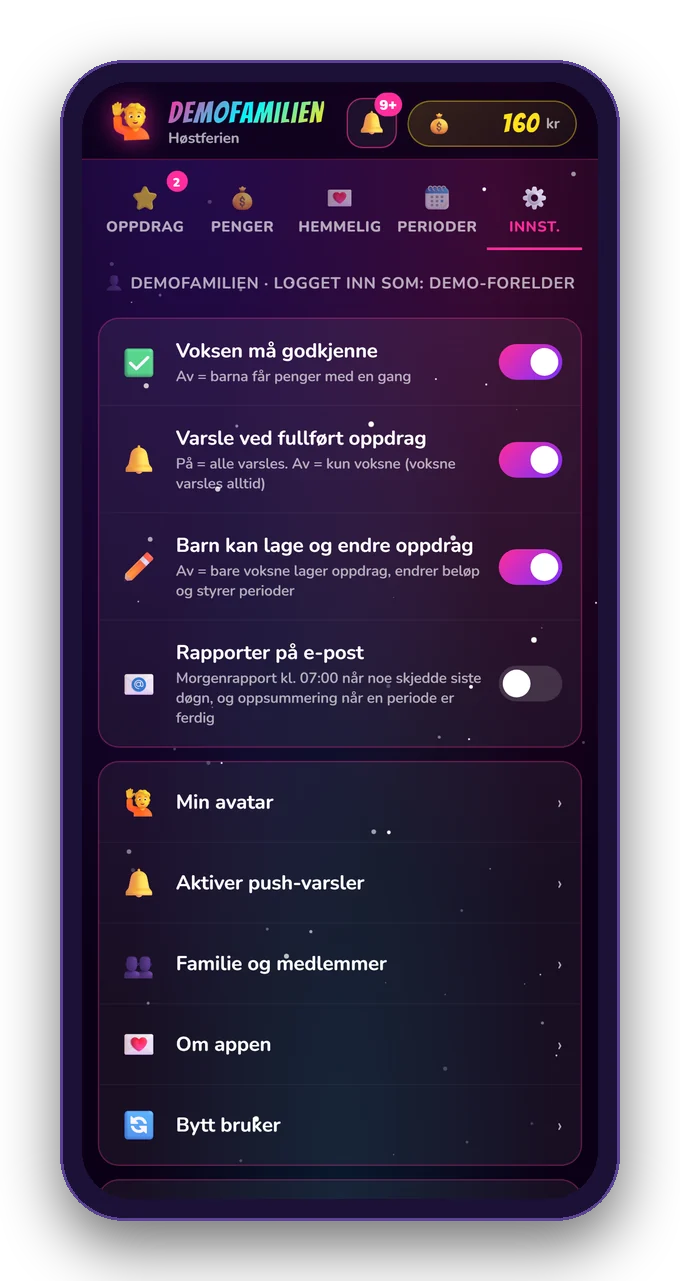 Innstillinger for voksne: godkjenning, varsler, om barna kan endre oppdrag og rapporter på e-post