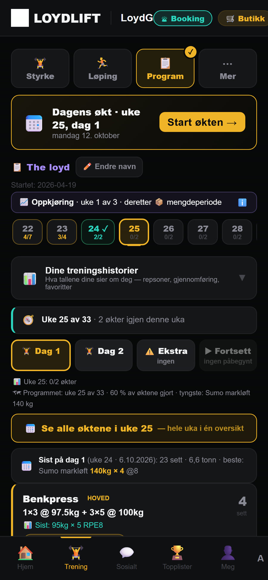 Dagens økt i LoydLift med øvelser, sett og kilo regnet ut