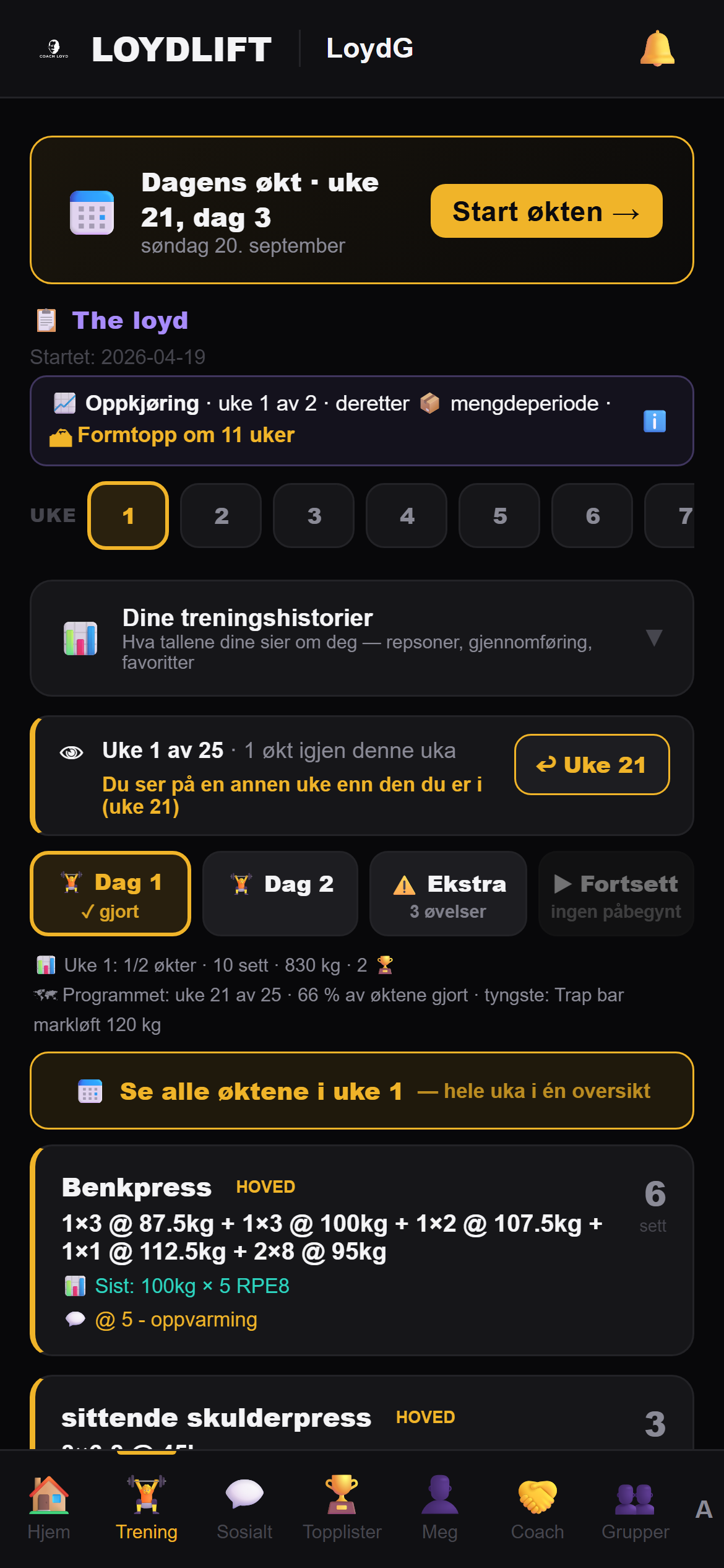 Dagens økt i LoydLift-appen