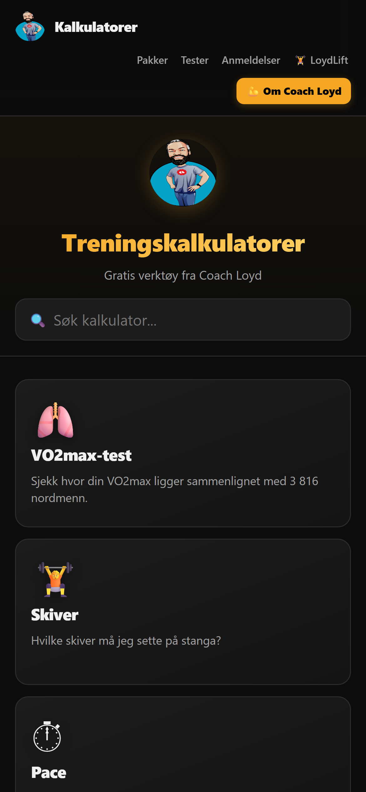 Skjermbilde av kalkulatorsiden i LoydLift med VO2max-, skive- og pace-kalkulator