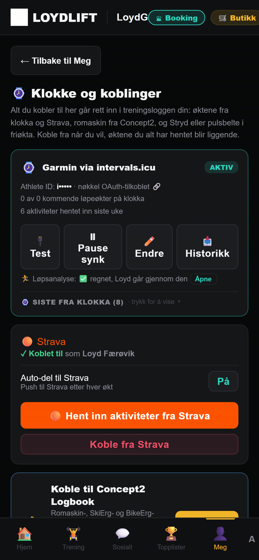 Klokke og koblinger i LoydLift: Garmin via intervals.icu og Strava