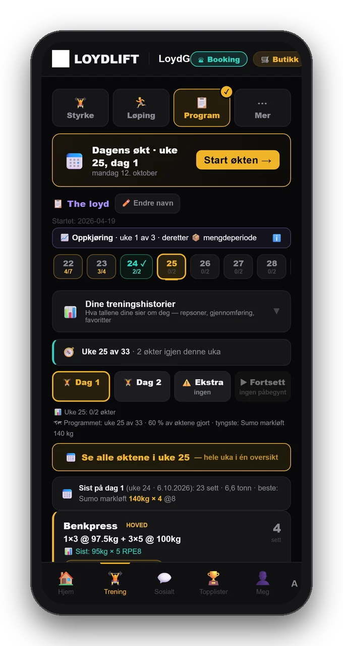 Dagens økt i et program med uke for uke, dager og øvelser
