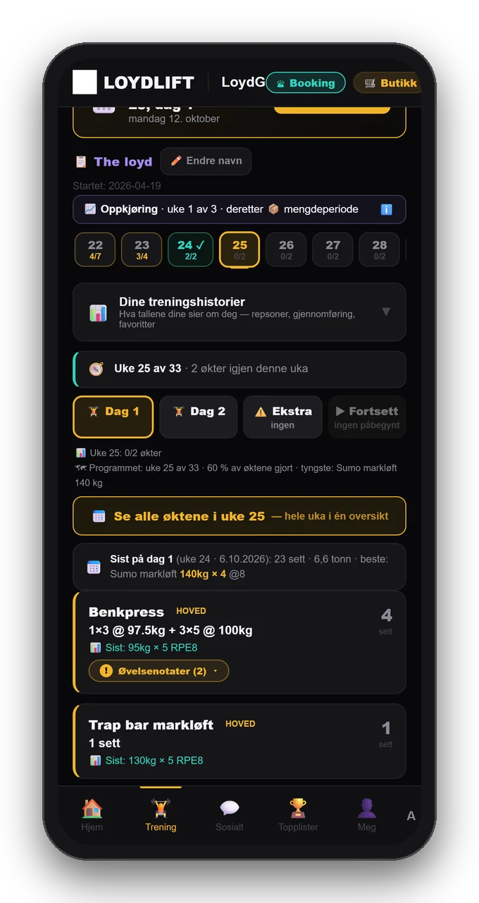 Programmet uke for uke med fremdrift per uke