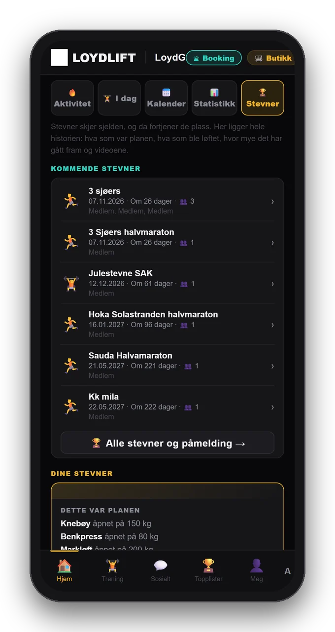 Kommende stevner og løp, med hvem som er påmeldt