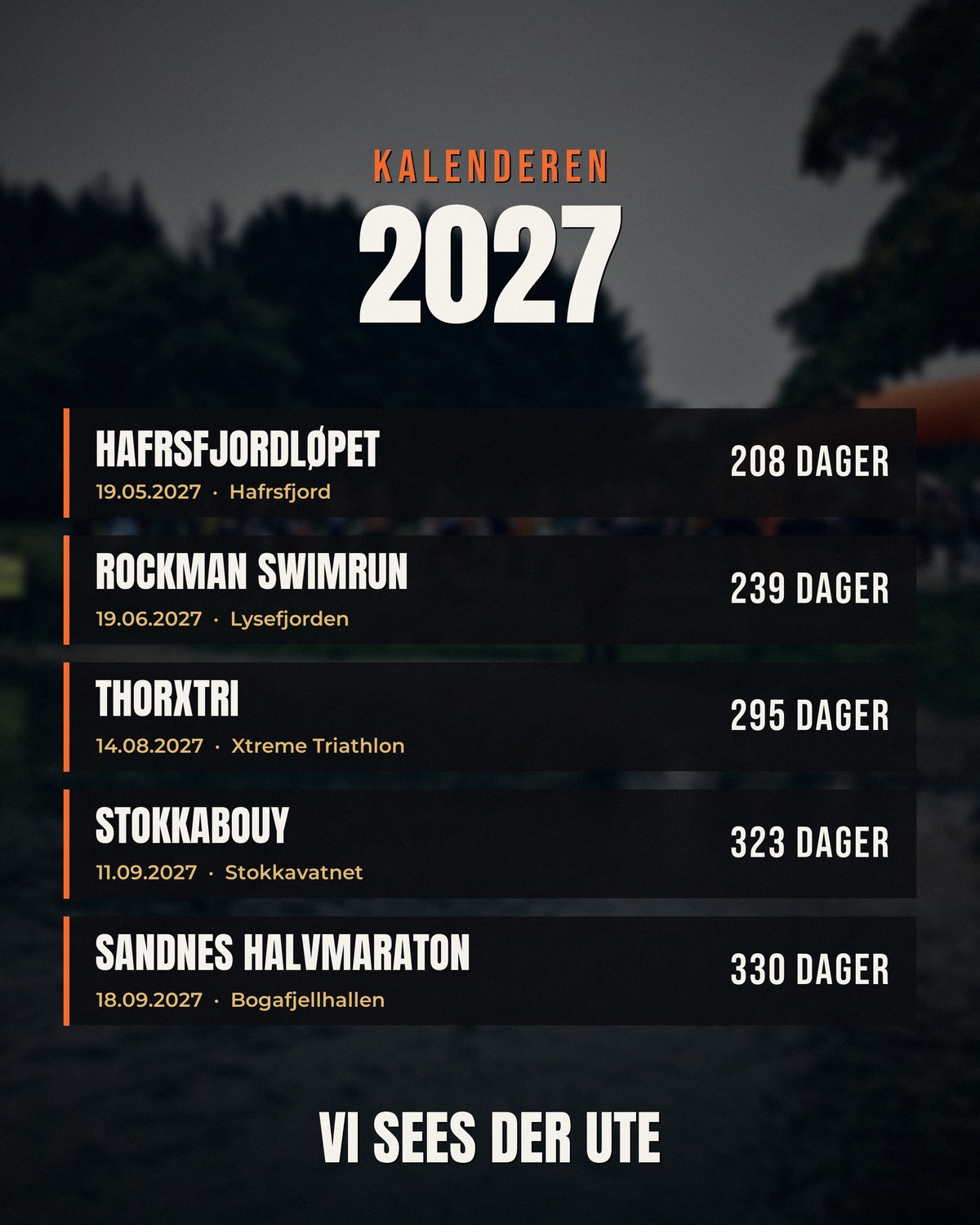 Kalenderen for 2027 med alle fem løpene