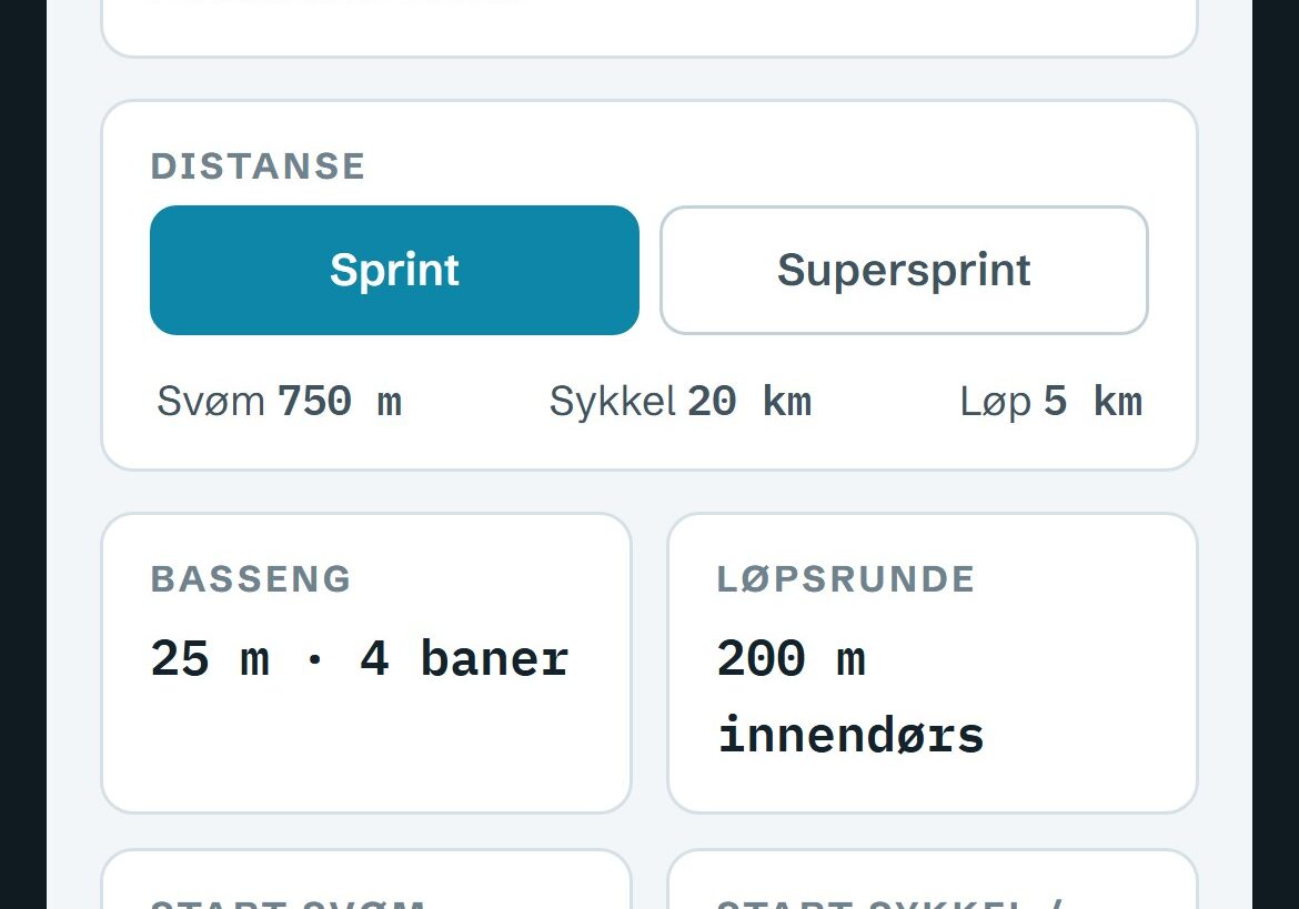 Stevneoppsettet i TriPuls: distanse, basseng og starttider
